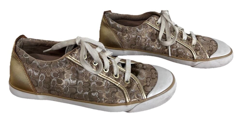 Coach Barrett C Monogram Low Top Sneakers Womens 10B Gold Silver Bronze Metallic